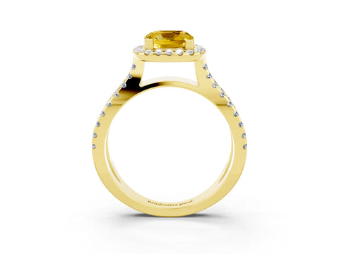 Yellow gold Cushion Cut Yellow Sapphire Halo Ring with Split Shank Pavé Band and Prong Setting_15