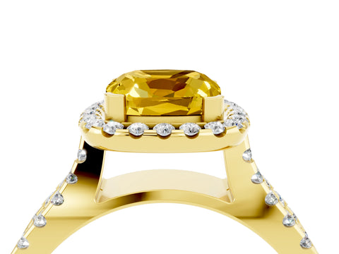 Yellow gold Cushion Cut Yellow Sapphire Halo Ring with Split Shank Pavé Band and Prong Setting_16