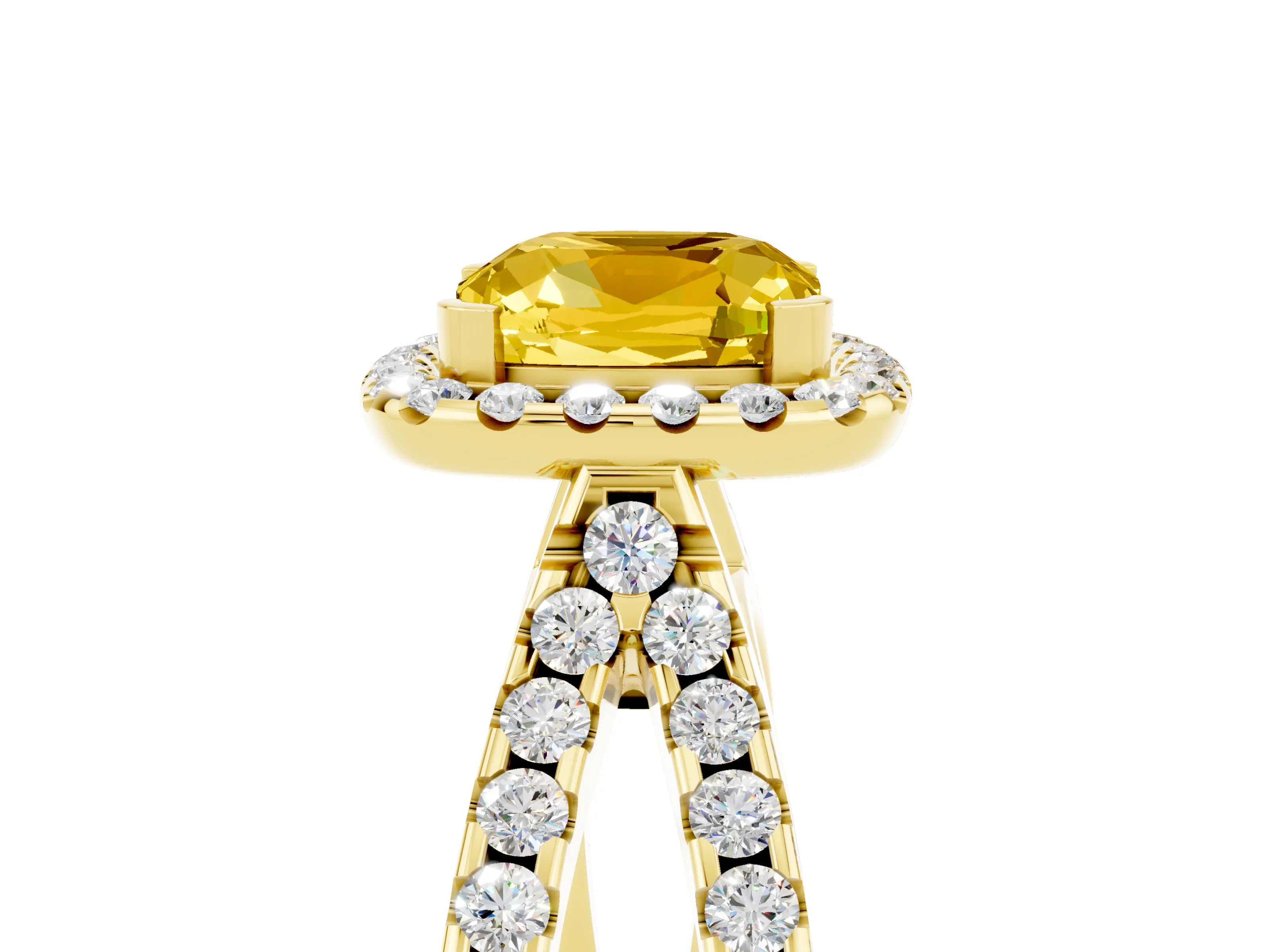 Yellow gold Cushion Cut Yellow Sapphire Halo Ring with Split Shank Pavé Band and Prong Setting_17