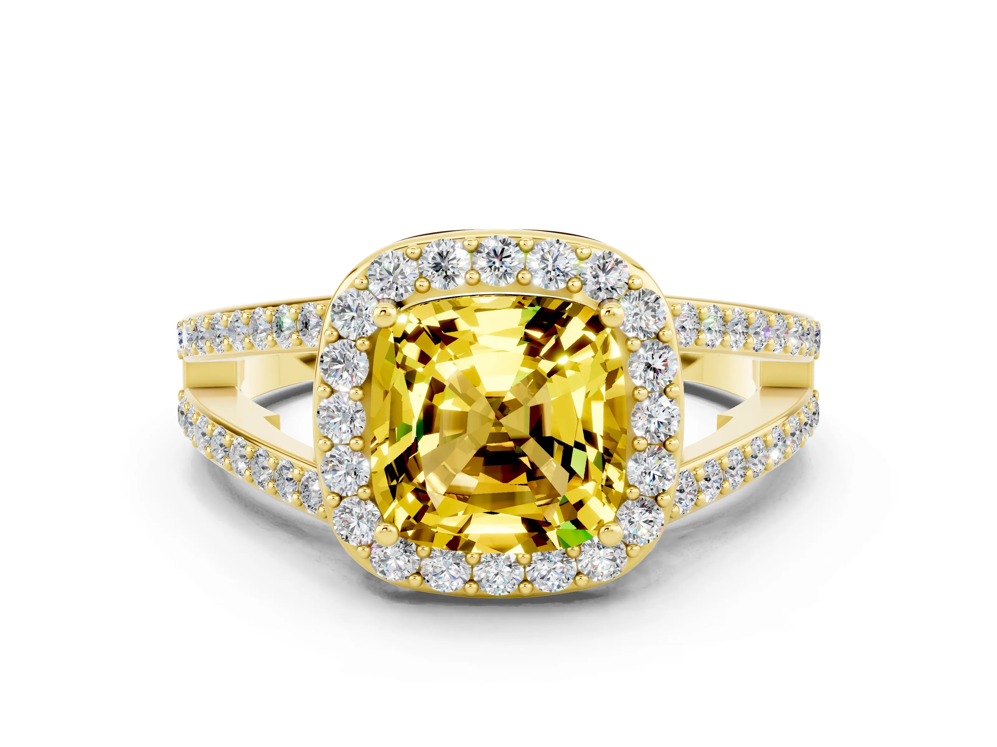 Yellow gold Cushion Cut Yellow Sapphire Halo Ring with Split Shank U-Prong Band and Four-Prong Setting