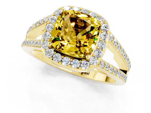 Yellow gold Cushion Cut Yellow Sapphire Halo Ring with Split Shank U-Prong Band and Four-Prong Setting