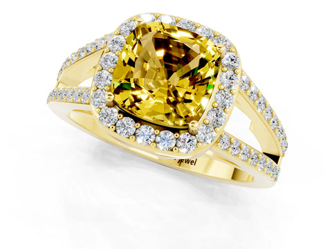 Yellow gold Cushion Cut Yellow Sapphire Halo Ring with Split Shank U-Prong Band and Four-Prong Setting_1