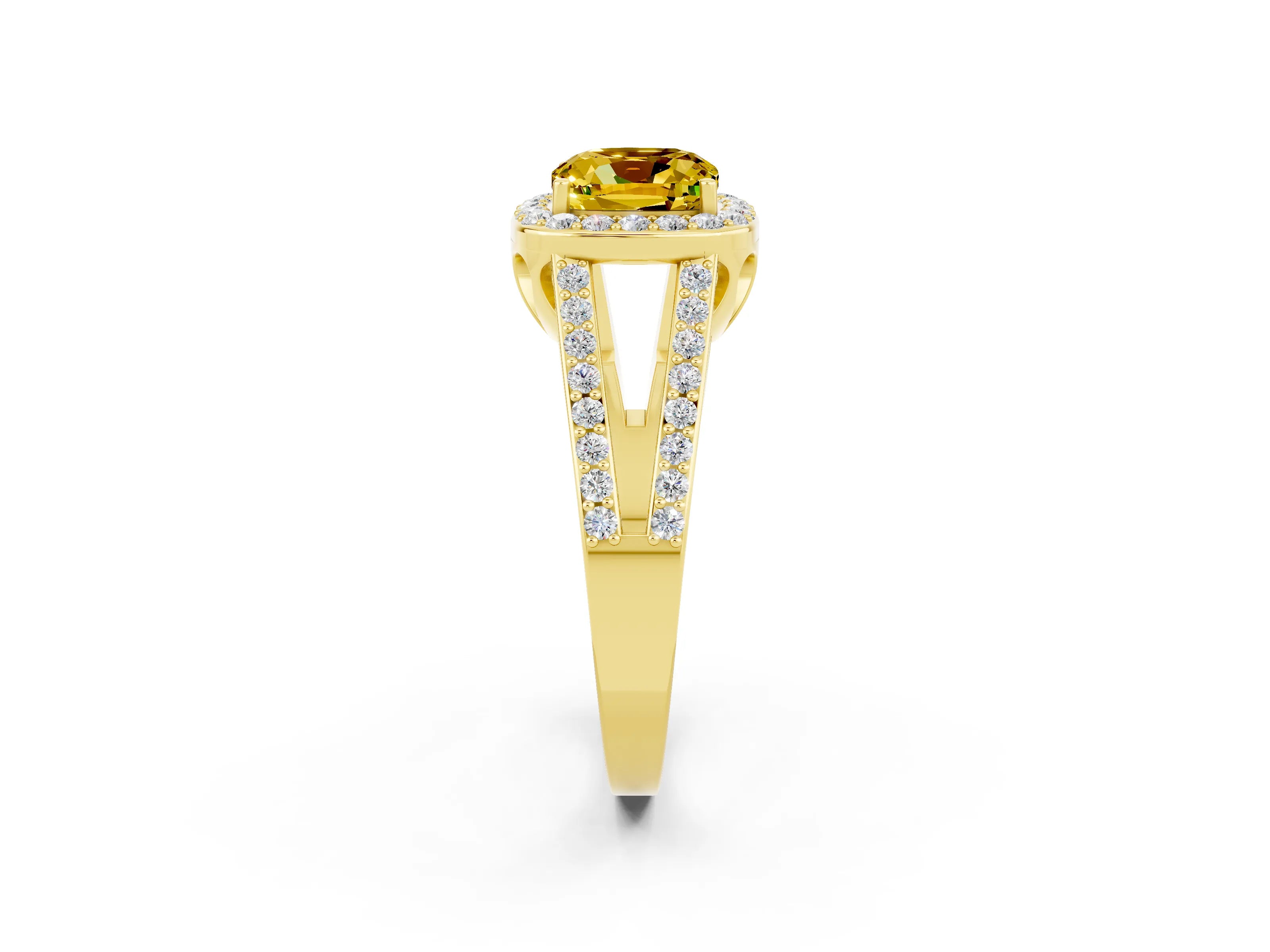 Yellow gold Cushion Cut Yellow Sapphire Halo Ring with Split Shank U-Prong Band and Four-Prong Setting_2