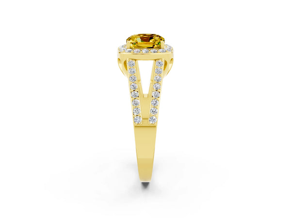 Yellow gold Cushion Cut Yellow Sapphire Halo Ring with Split Shank U-Prong Band and Four-Prong Setting
