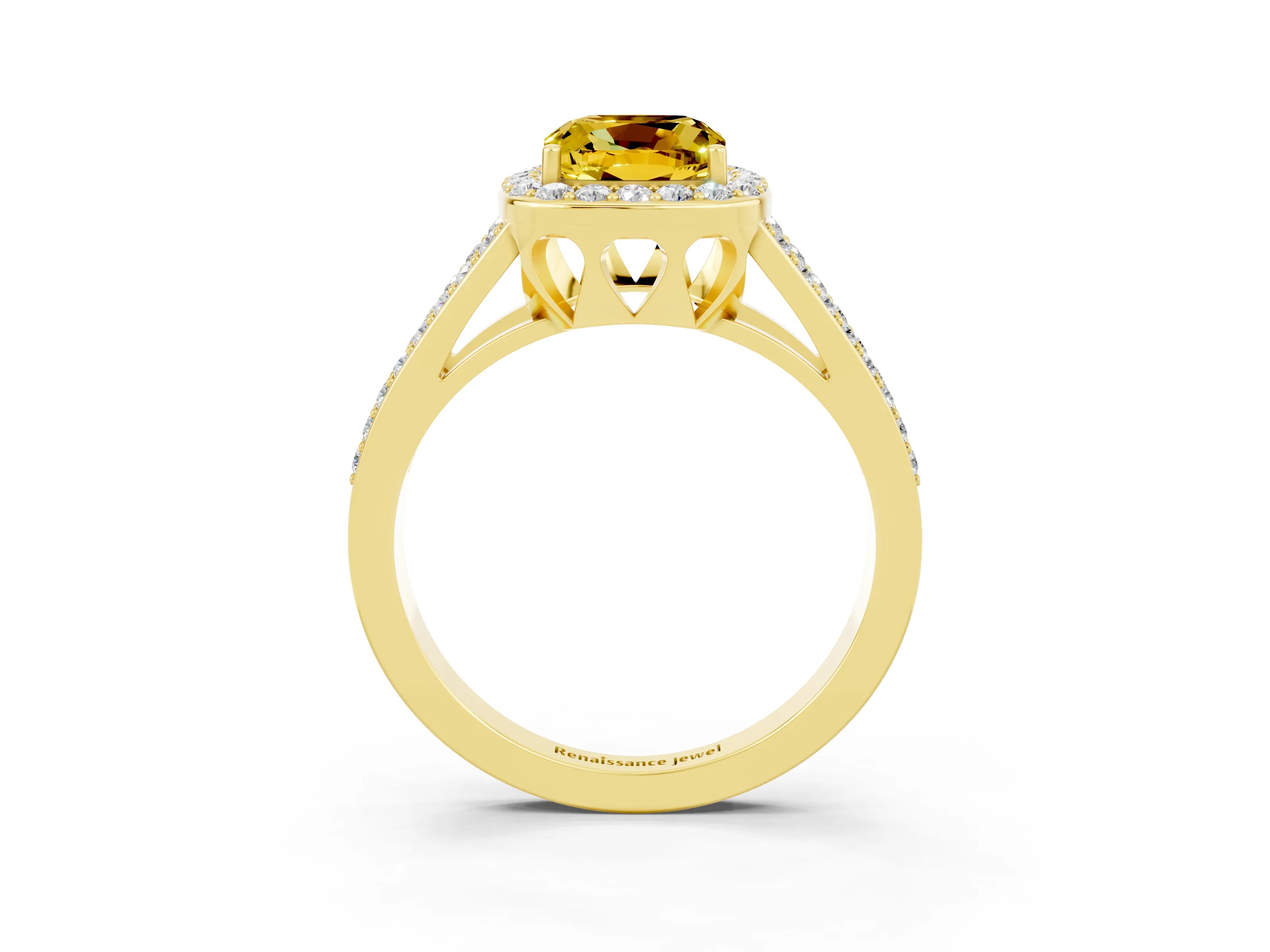 Yellow gold Cushion Cut Yellow Sapphire Halo Ring with Split Shank U-Prong Band and Four-Prong Setting_3