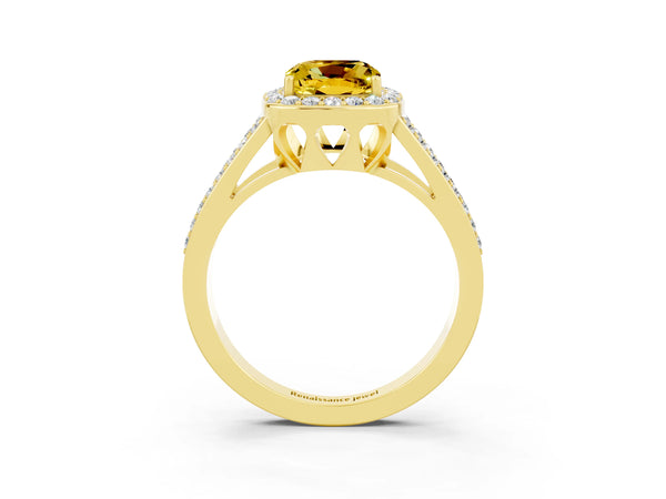 Yellow gold Cushion Cut Yellow Sapphire Halo Ring with Split Shank U-Prong Band and Four-Prong Setting