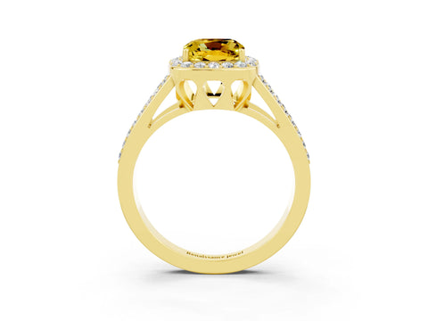 Yellow gold Cushion Cut Yellow Sapphire Halo Ring with Split Shank U-Prong Band and Four-Prong Setting_3