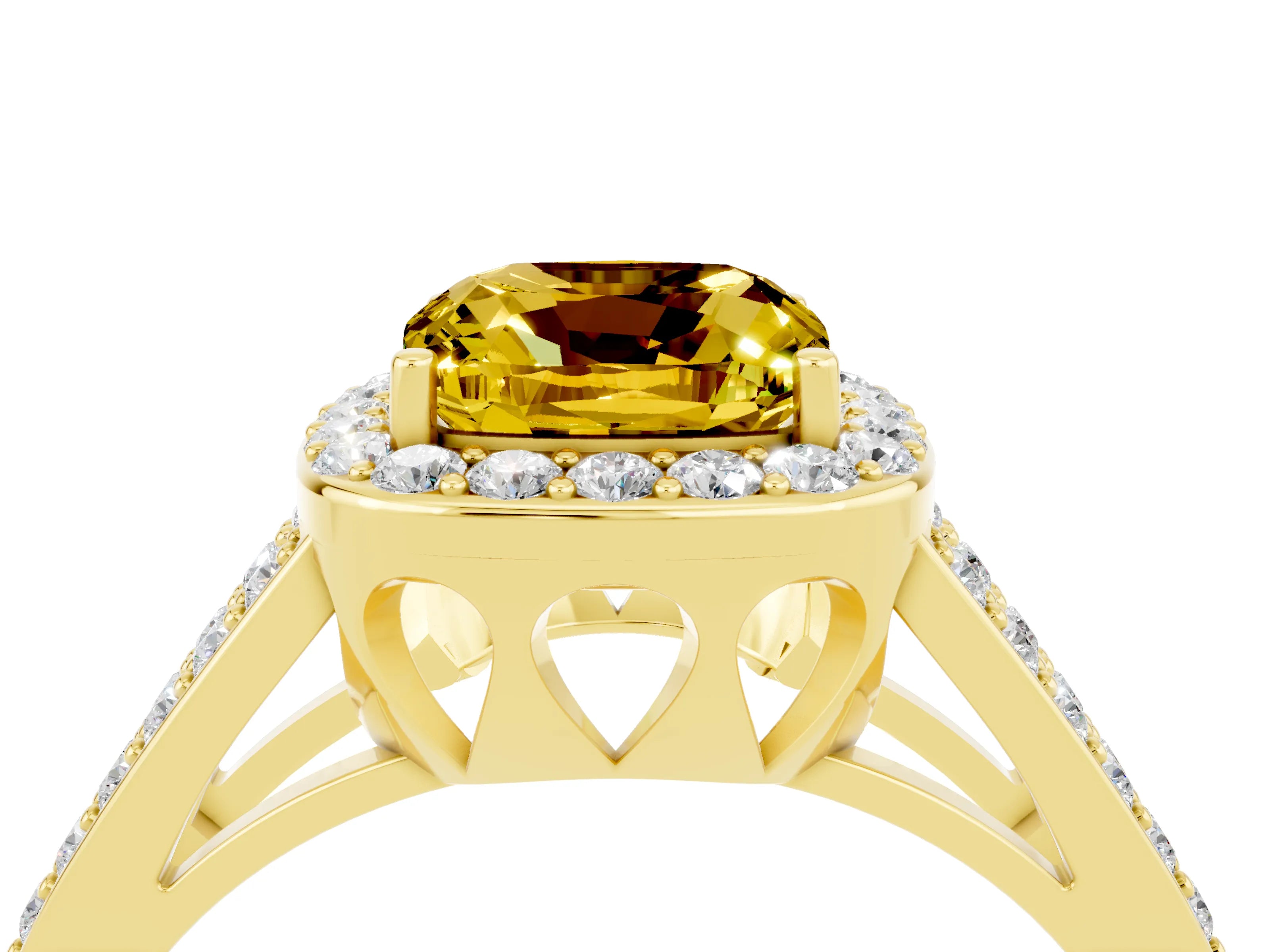 Yellow gold Cushion Cut Yellow Sapphire Halo Ring with Split Shank U-Prong Band and Four-Prong Setting_4