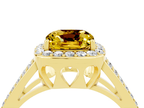 Yellow gold Cushion Cut Yellow Sapphire Halo Ring with Split Shank U-Prong Band and Four-Prong Setting_4
