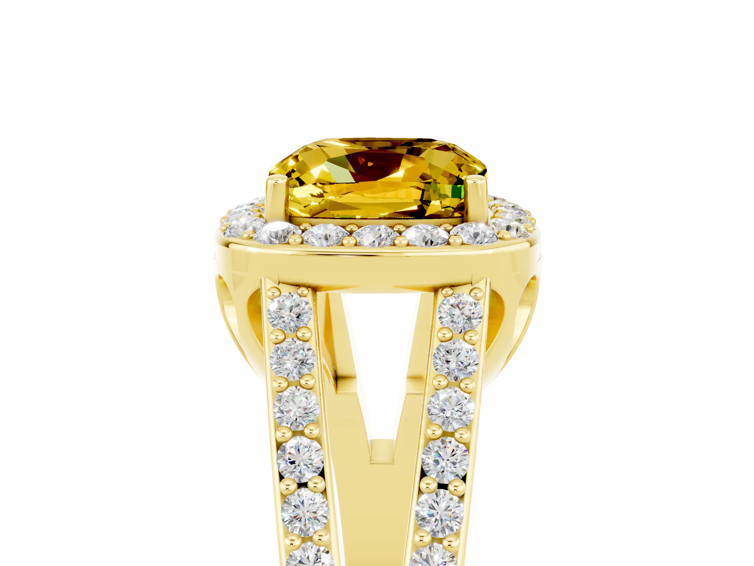 Yellow gold Cushion Cut Yellow Sapphire Halo Ring with Split Shank U-Prong Band and Four-Prong Setting_5