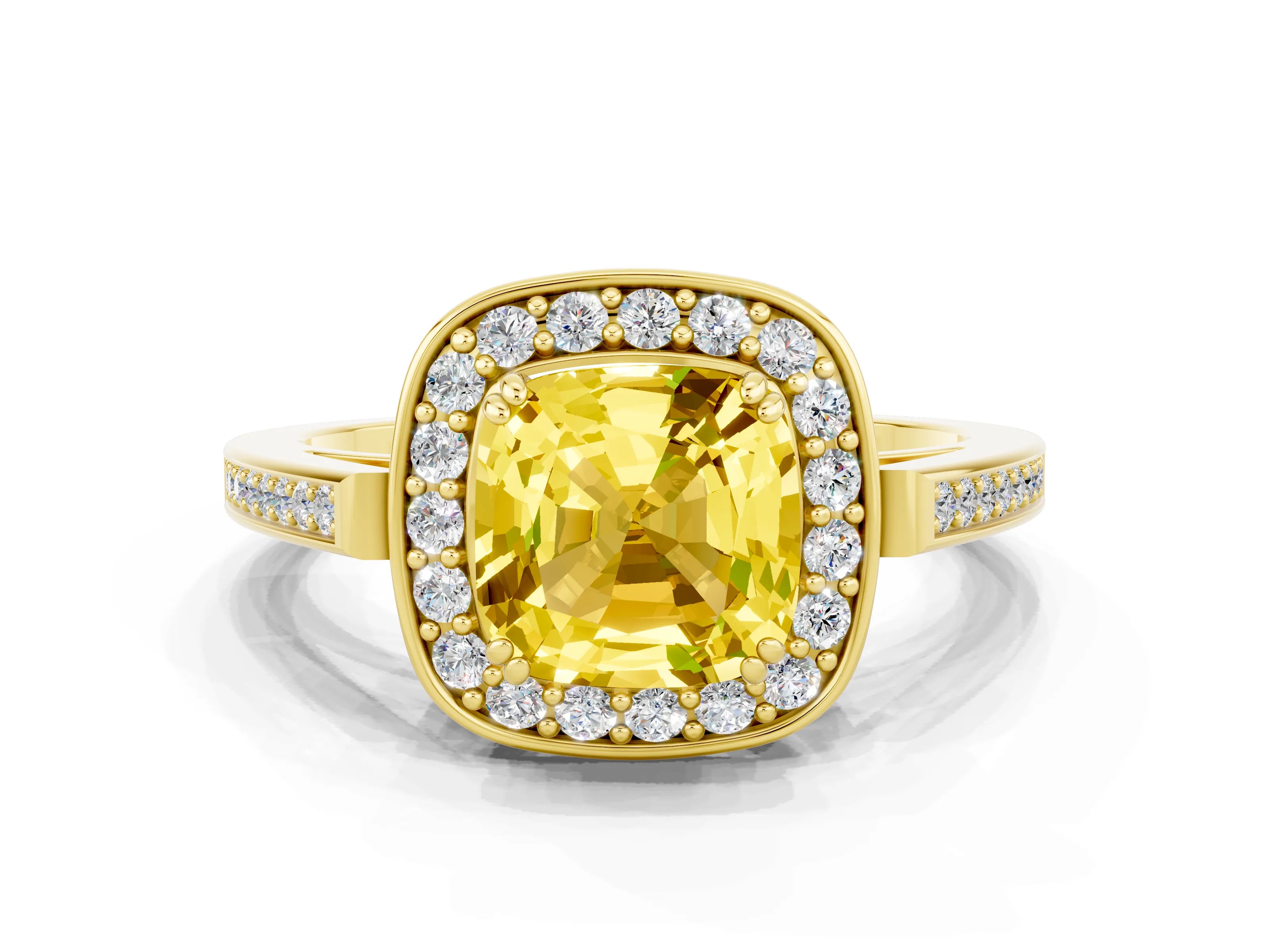 Yellow gold Cushion Cut Yellow Sapphire Halo Ring with Split Shank and Four-Prong Setting