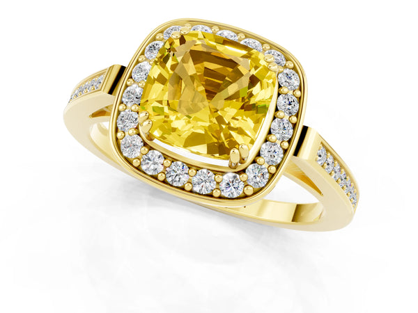 Yellow gold Cushion Cut Yellow Sapphire Halo Ring with Split Shank and Four-Prong Setting