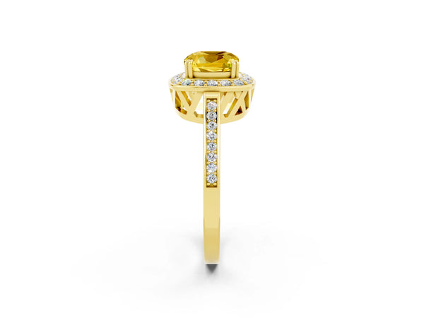 Yellow gold Cushion Cut Yellow Sapphire Halo Ring with Split Shank and Four-Prong Setting