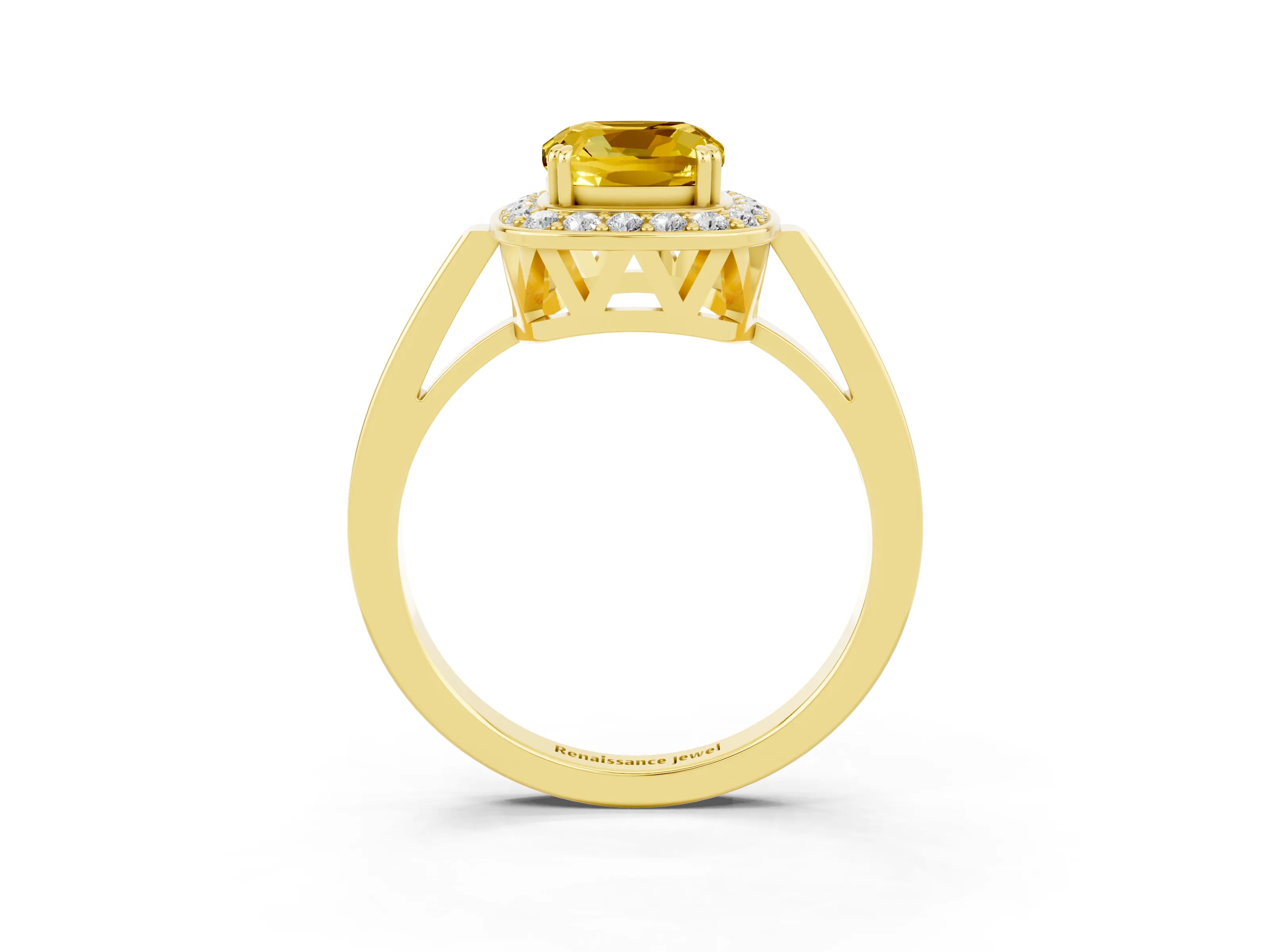 Yellow gold Cushion Cut Yellow Sapphire Halo Ring with Split Shank and Four-Prong Setting_3