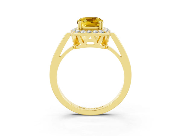 Yellow gold Cushion Cut Yellow Sapphire Halo Ring with Split Shank and Four-Prong Setting