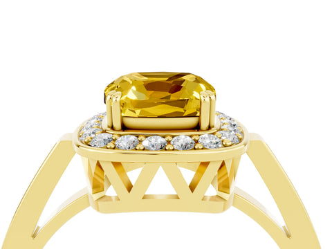 Yellow gold Cushion Cut Yellow Sapphire Halo Ring with Split Shank and Four-Prong Setting_4