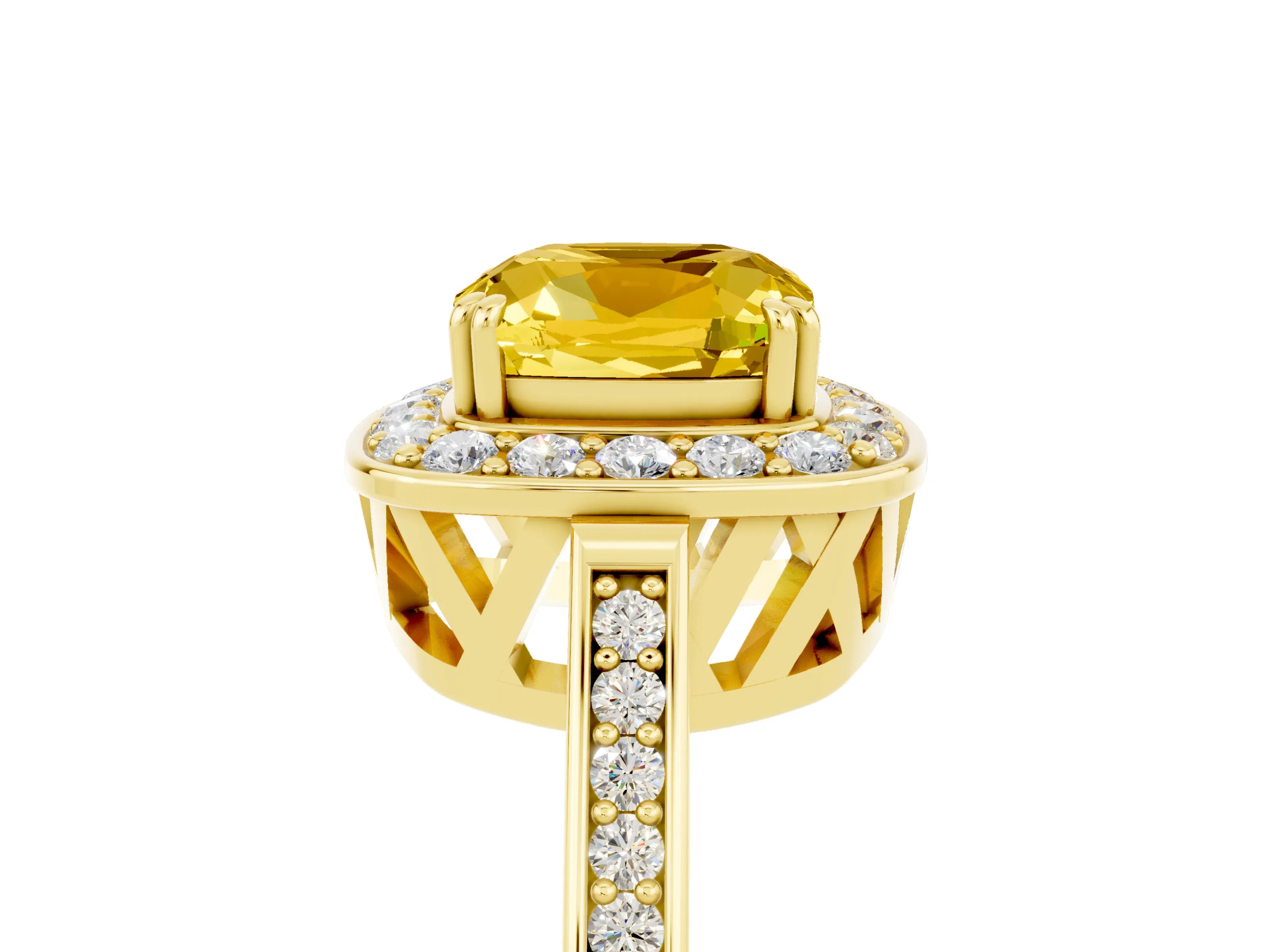 Yellow gold Cushion Cut Yellow Sapphire Halo Ring with Split Shank and Four-Prong Setting_5