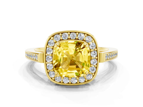 Yellow gold Cushion Cut Yellow Sapphire Halo Ring with Split Shank and Four-Prong Setting