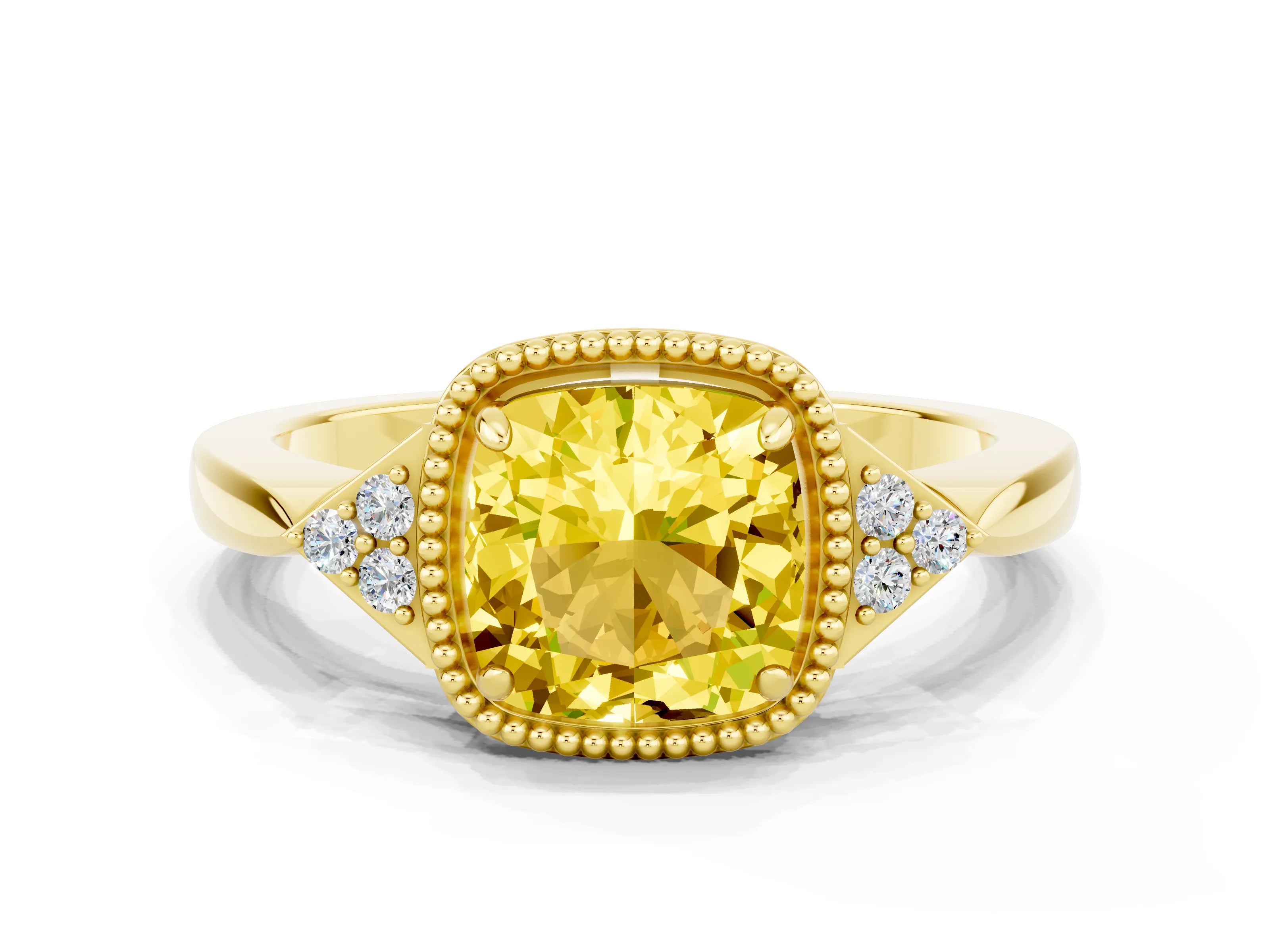 Yellow gold Cushion Cut Yellow Sapphire Halo Ring with Tapered Band and Four-Prong Setting