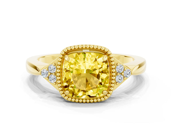 Yellow gold Cushion Cut Yellow Sapphire Halo Ring with Tapered Band and Four-Prong Setting