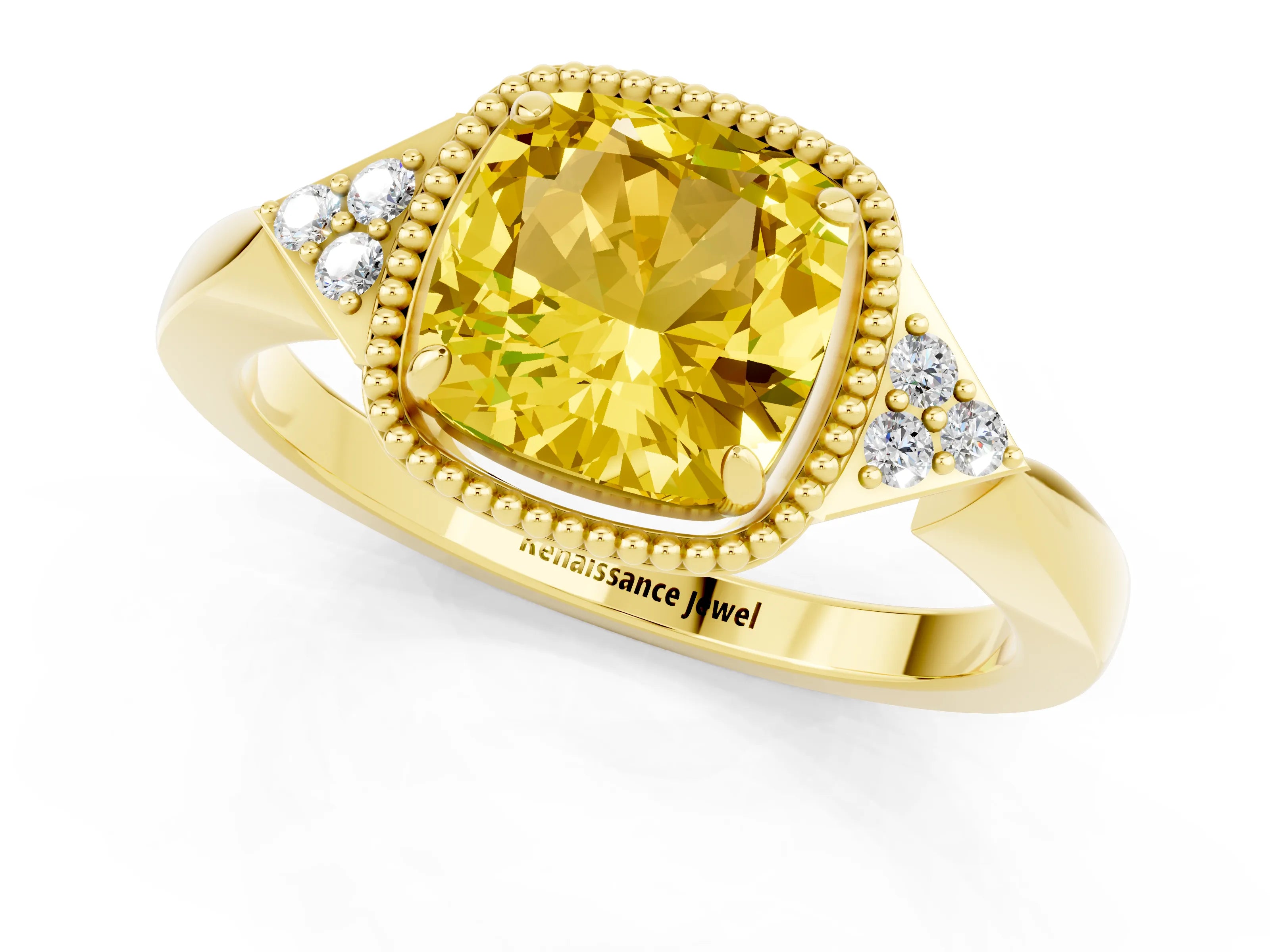 Yellow gold Cushion Cut Yellow Sapphire Halo Ring with Tapered Band and Four-Prong Setting_1