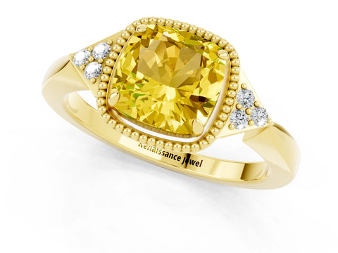 Yellow gold Cushion Cut Yellow Sapphire Halo Ring with Tapered Band and Four-Prong Setting_1