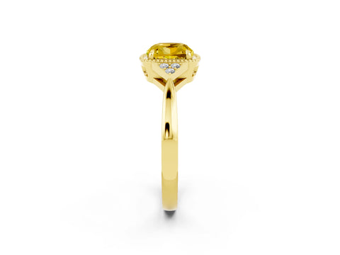 Yellow gold Cushion Cut Yellow Sapphire Halo Ring with Tapered Band and Four-Prong Setting_2