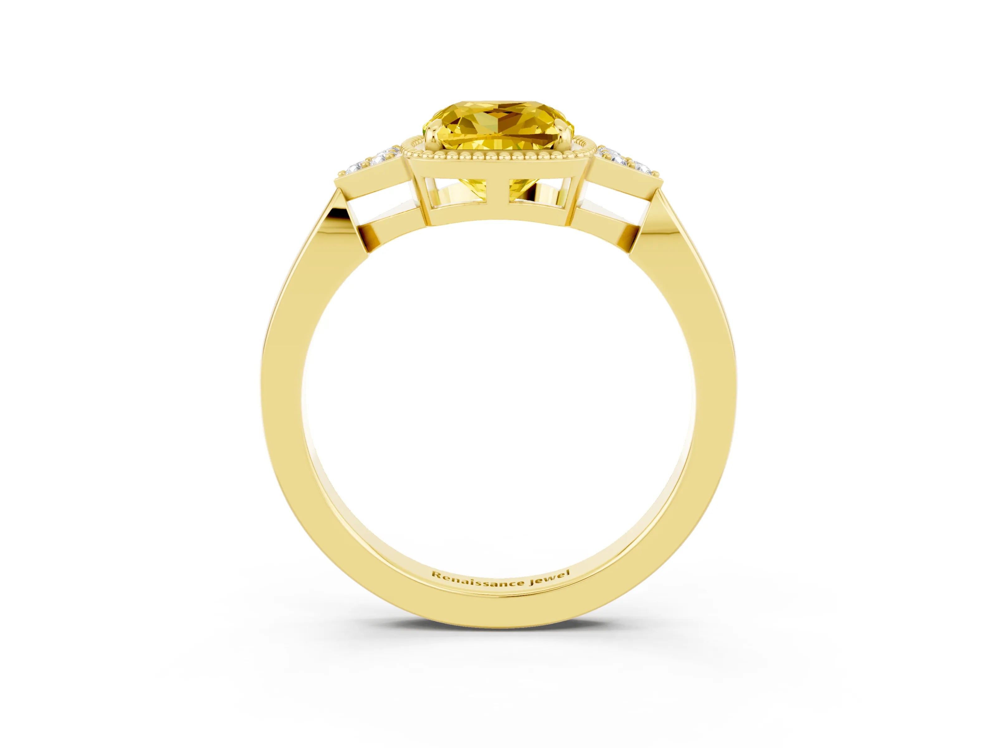 Yellow gold Cushion Cut Yellow Sapphire Halo Ring with Tapered Band and Four-Prong Setting_3