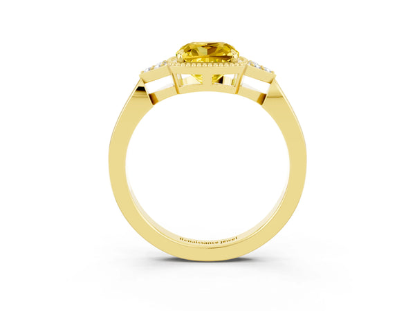 Yellow gold Cushion Cut Yellow Sapphire Halo Ring with Tapered Band and Four-Prong Setting