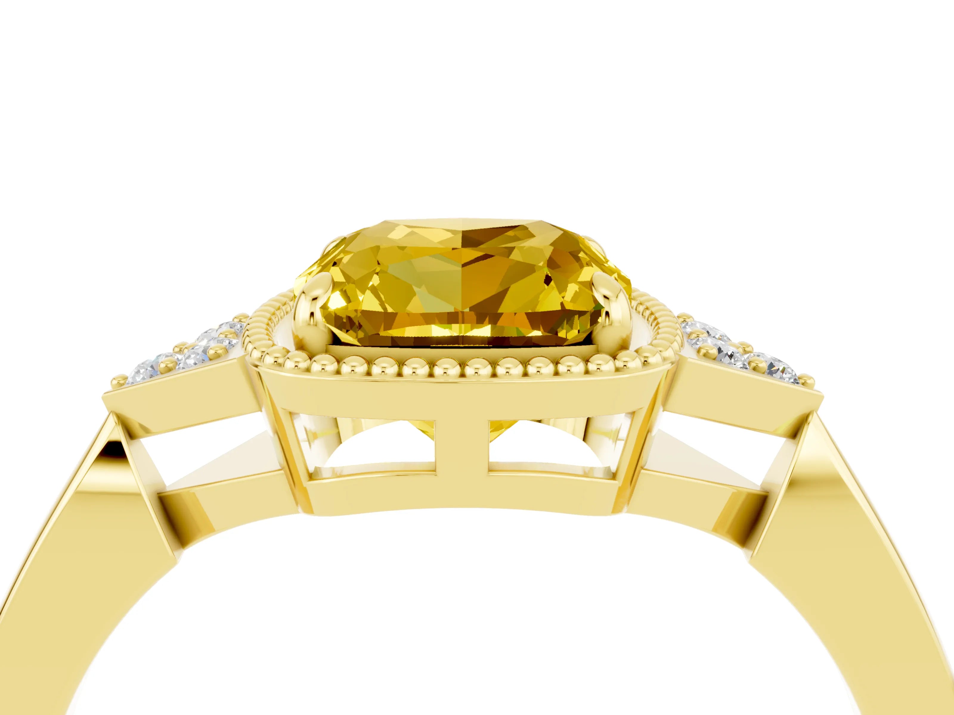 Yellow gold Cushion Cut Yellow Sapphire Halo Ring with Tapered Band and Four-Prong Setting_4
