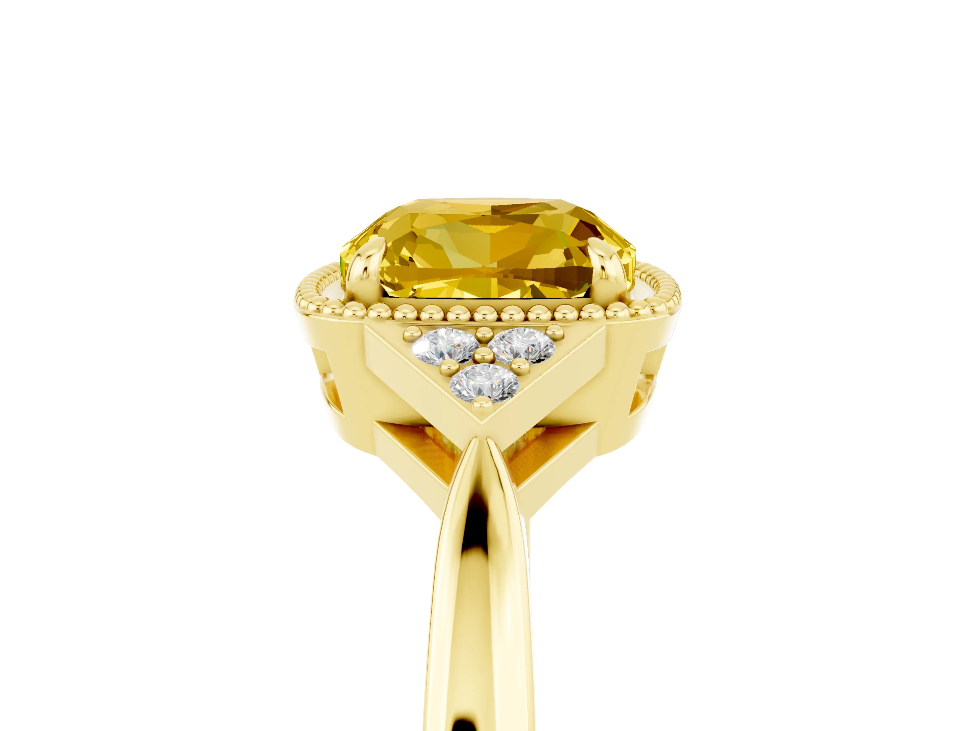 Yellow gold Cushion Cut Yellow Sapphire Halo Ring with Tapered Band and Four-Prong Setting_5