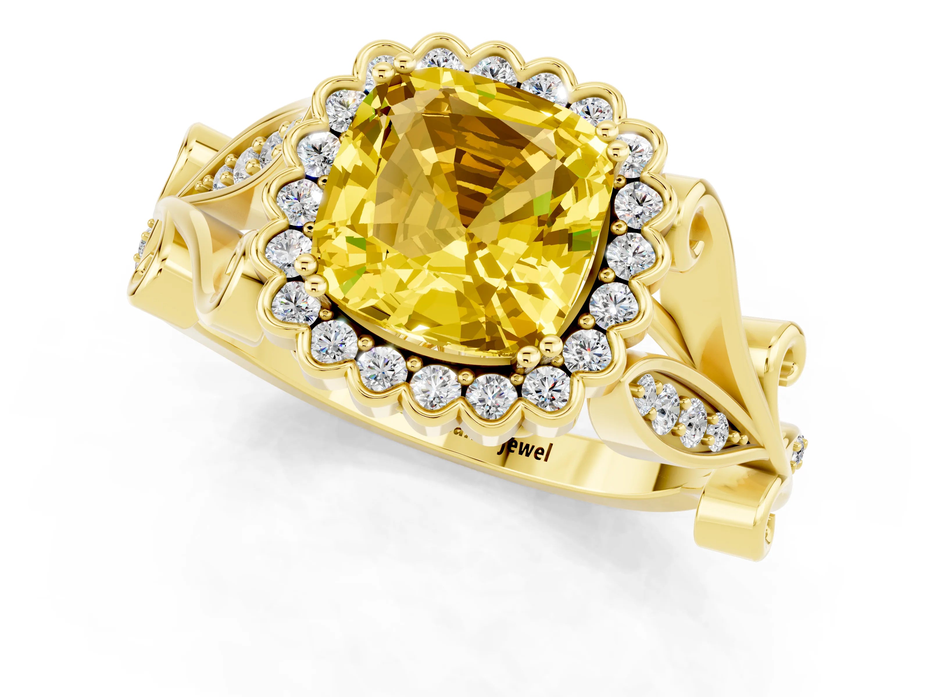 Yellow gold Cushion Cut Yellow Sapphire Halo Ring with Vintage Split Shank and Four-Prong Setting_1