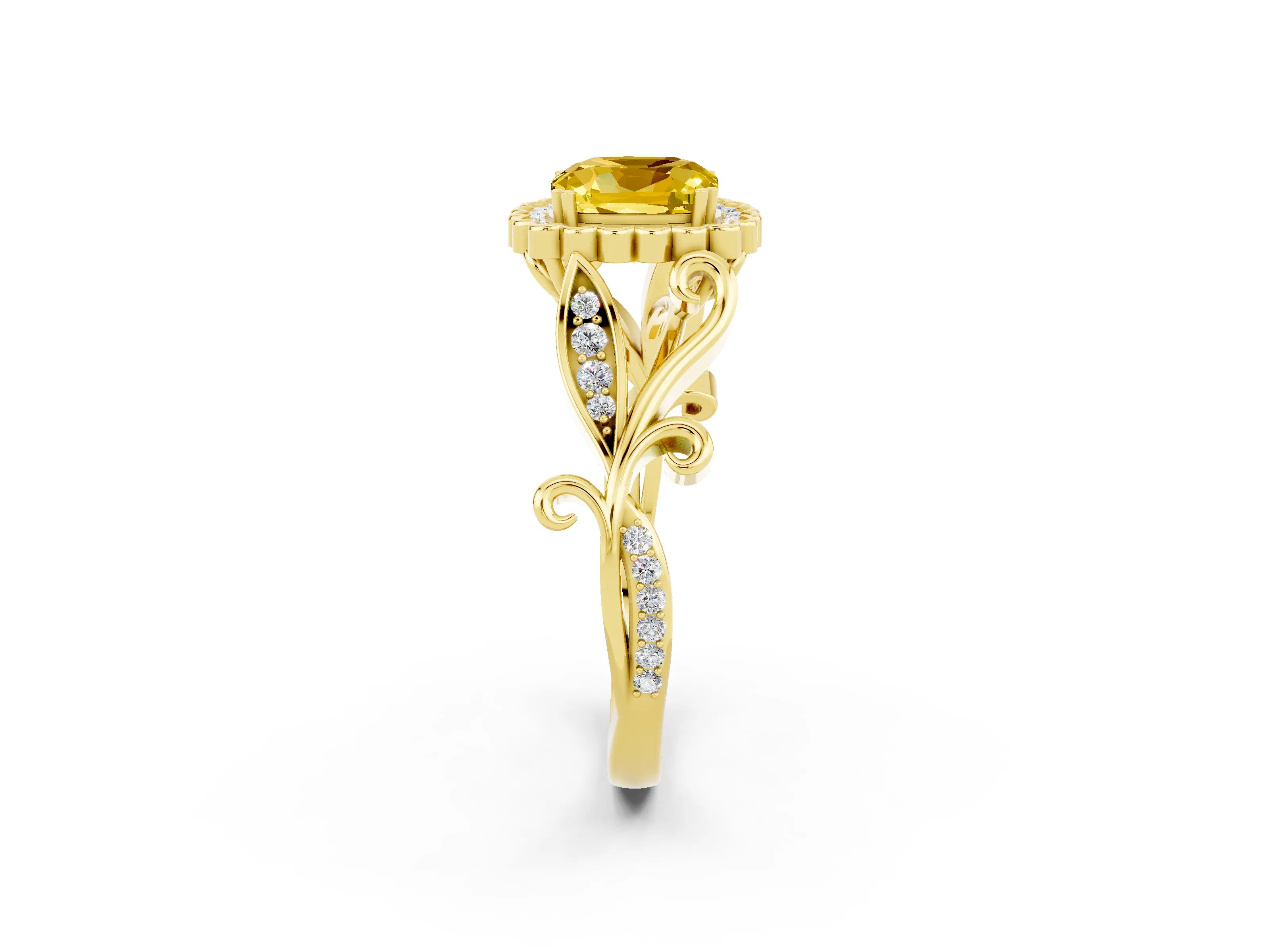 Yellow gold Cushion Cut Yellow Sapphire Halo Ring with Vintage Split Shank and Four-Prong Setting_2
