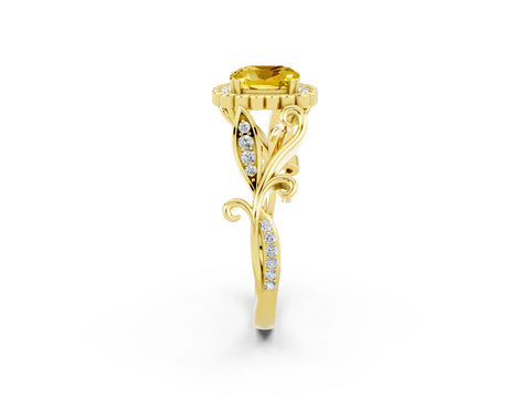 Yellow gold Cushion Cut Yellow Sapphire Halo Ring with Vintage Split Shank and Four-Prong Setting_2