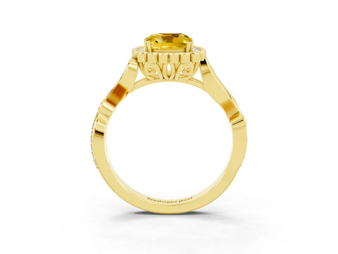 Yellow gold Cushion Cut Yellow Sapphire Halo Ring with Vintage Split Shank and Four-Prong Setting_3