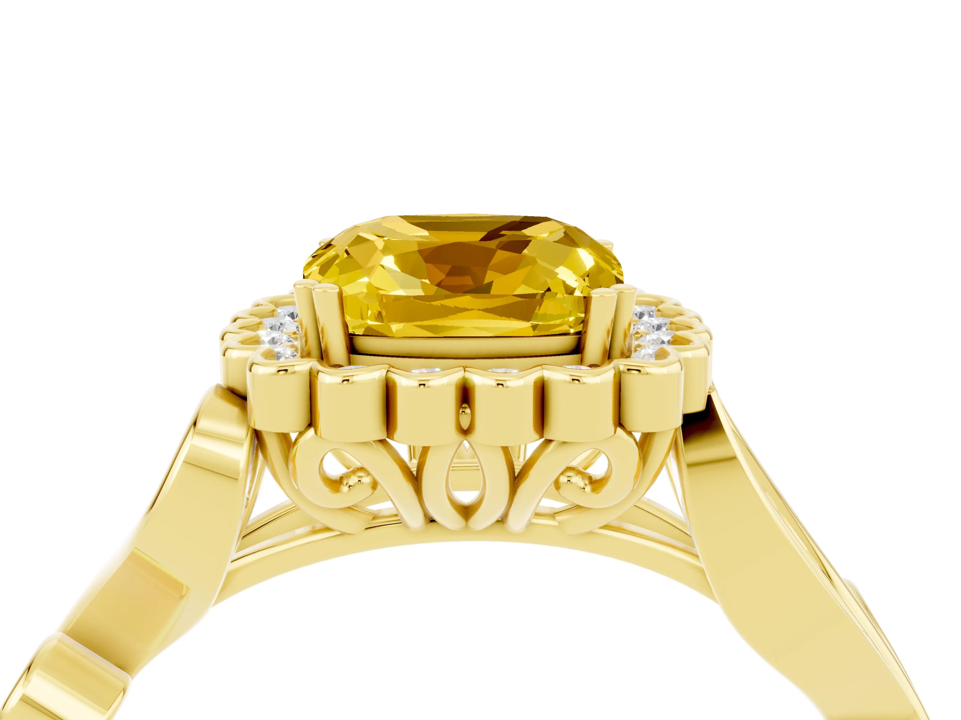Yellow gold Cushion Cut Yellow Sapphire Halo Ring with Vintage Split Shank and Four-Prong Setting_4