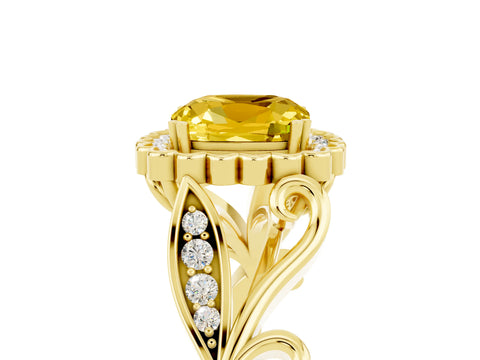 Yellow gold Cushion Cut Yellow Sapphire Halo Ring with Vintage Split Shank and Four-Prong Setting_5