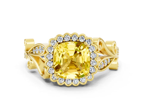 Yellow gold Cushion Cut Yellow Sapphire Halo Ring with Vintage Split Shank and Four-Prong Setting