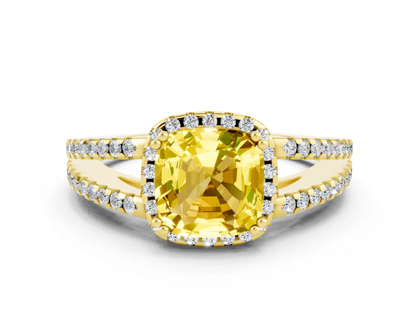 Yellow gold Cushion Cut Yellow Sapphire Halo Split Shank Engagement Ring