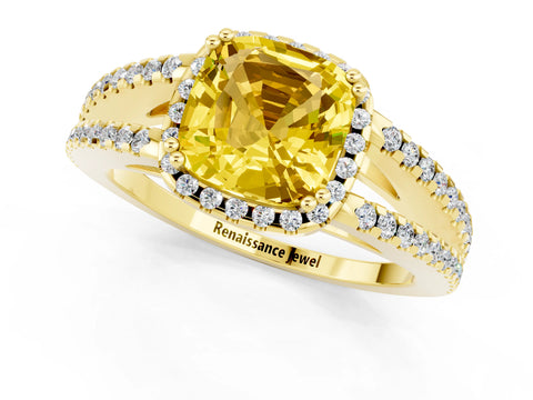 Yellow gold Cushion Cut Yellow Sapphire Halo Split Shank Engagement Ring_13