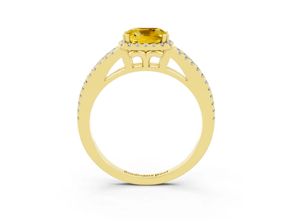 Yellow gold Cushion Cut Yellow Sapphire Halo Split Shank Engagement Ring