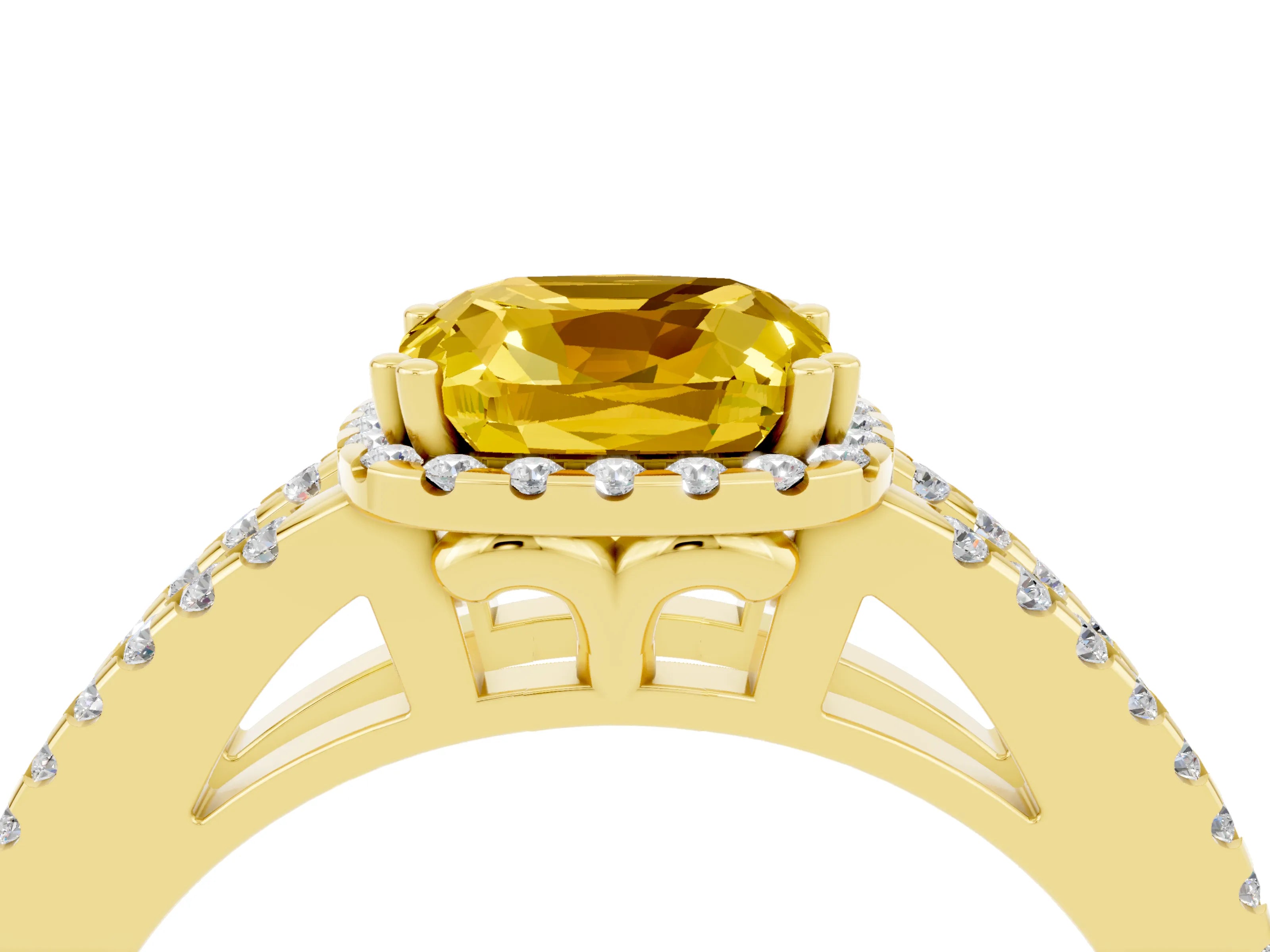 Yellow gold Cushion Cut Yellow Sapphire Halo Split Shank Engagement Ring_16