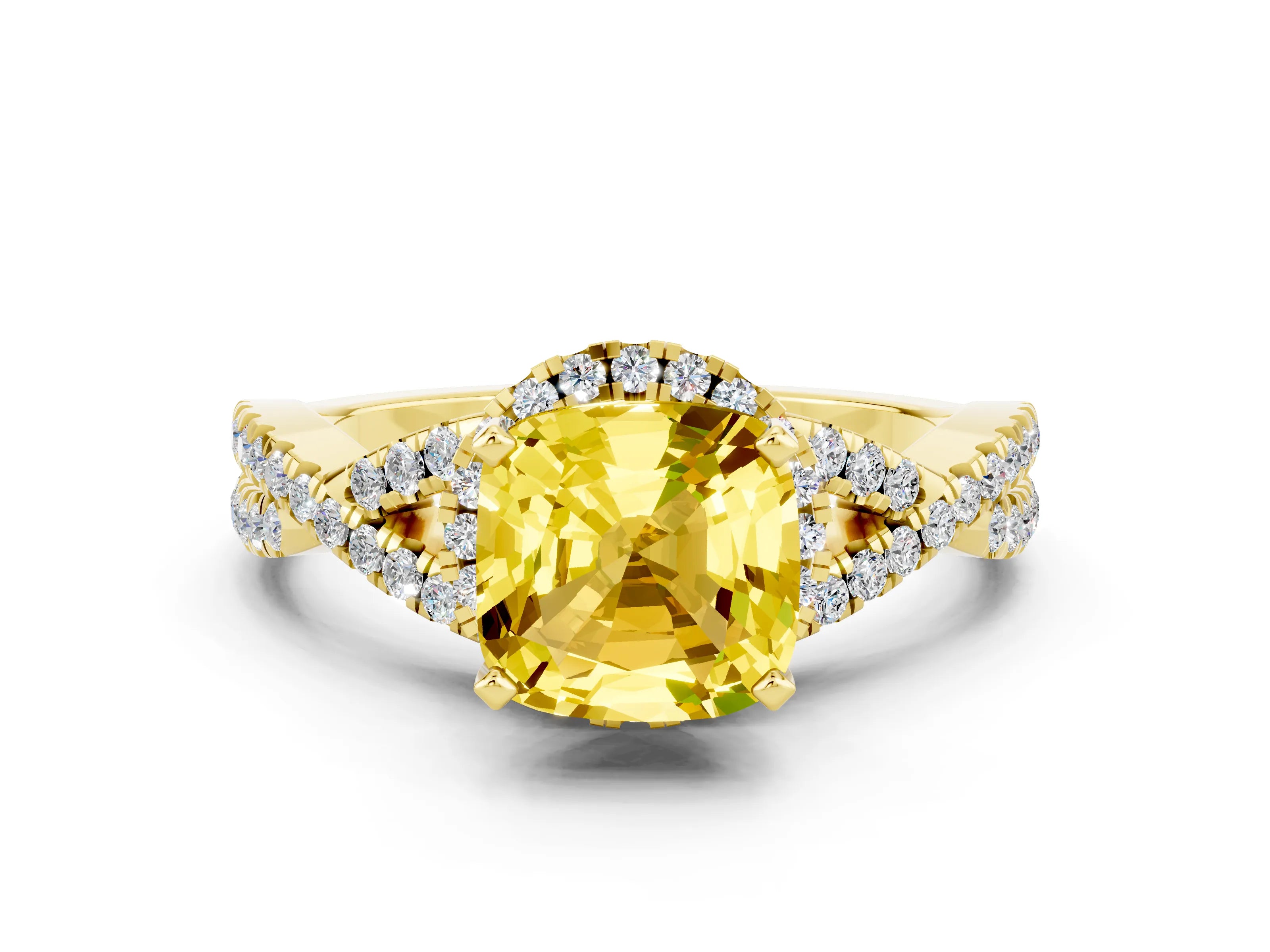 Yellow gold Cushion Cut Yellow Sapphire Halo Twist Band Solitaire Prong Setting Ring_24