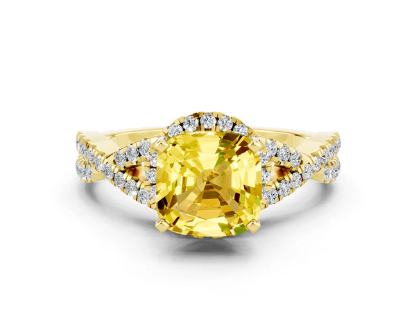 Yellow gold Cushion Cut Yellow Sapphire  Halo Twist Band Solitaire Prong Setting Ring
