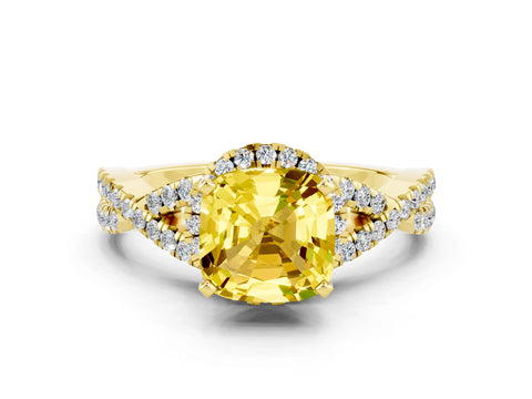 Yellow gold Cushion Cut Yellow Sapphire Halo Twist Band Solitaire Prong Setting Ring_24
