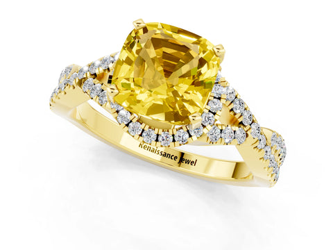 Yellow gold Cushion Cut Yellow Sapphire Halo Twist Band Solitaire Prong Setting Ring_25