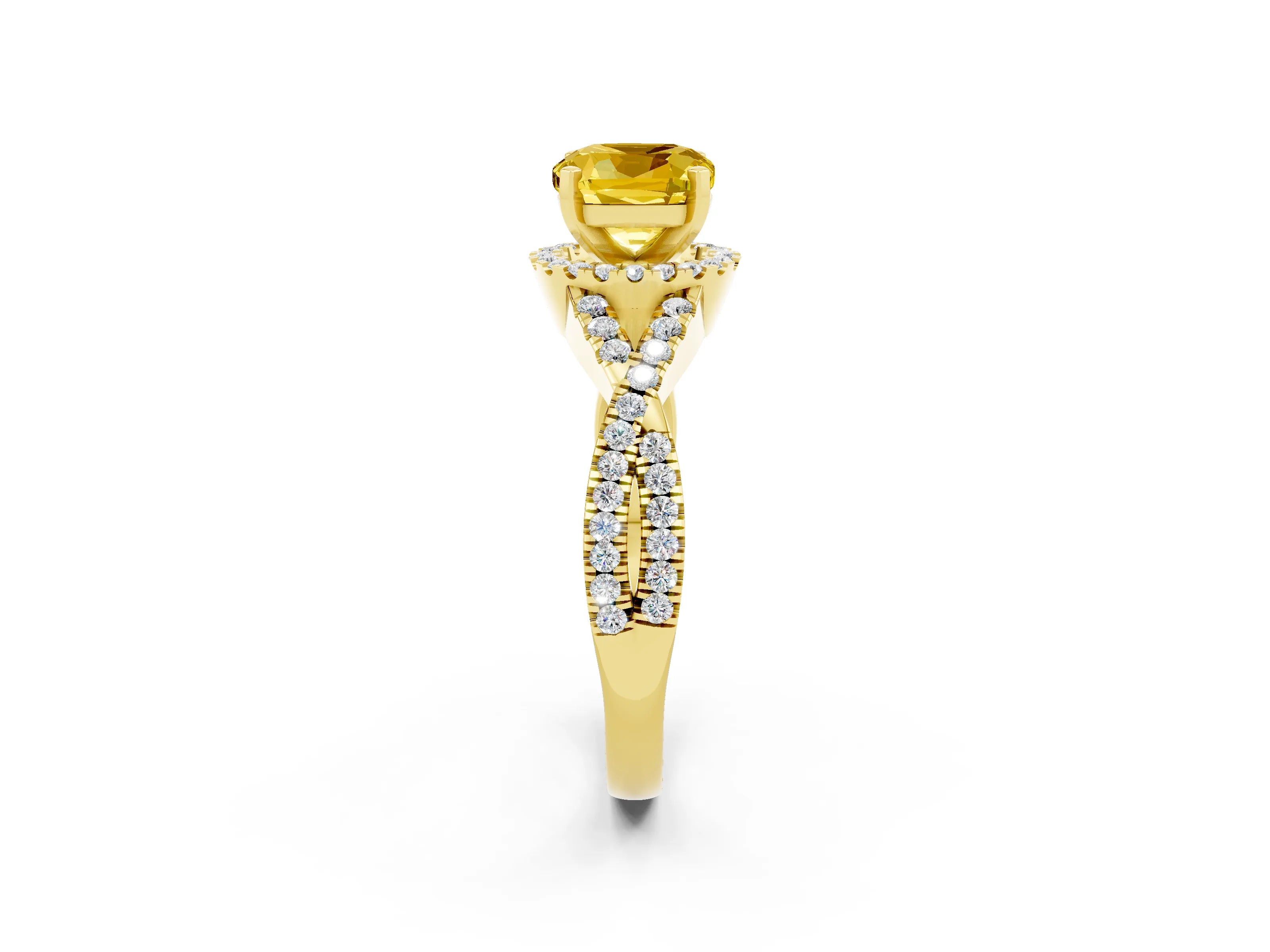 Yellow gold Cushion Cut Yellow Sapphire Halo Twist Band Solitaire Prong Setting Ring_26