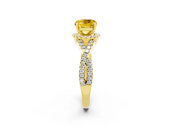 Yellow gold Cushion Cut Yellow Sapphire  Halo Twist Band Solitaire Prong Setting Ring