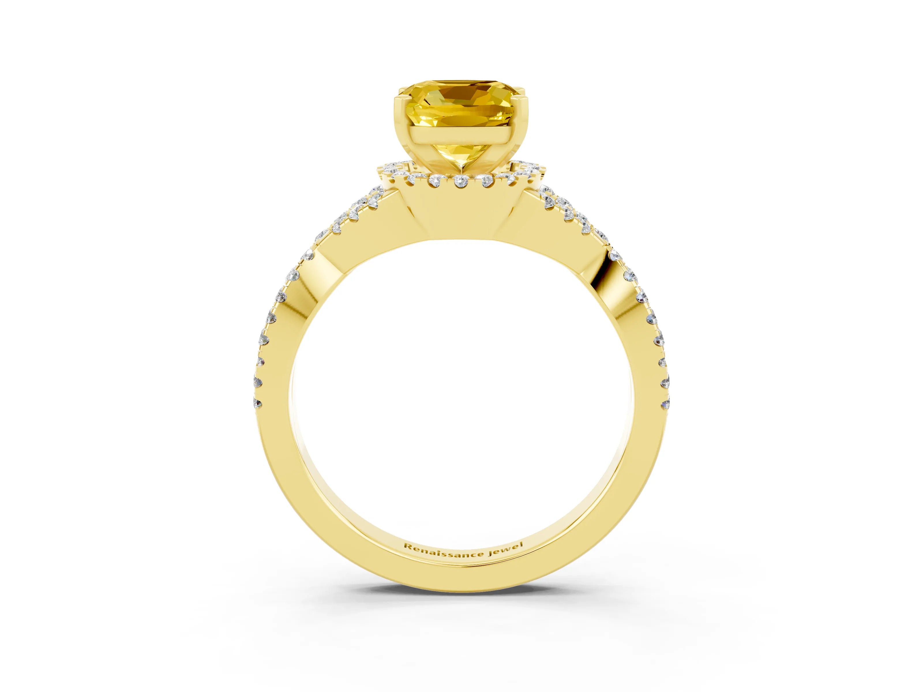 Yellow gold Cushion Cut Yellow Sapphire Halo Twist Band Solitaire Prong Setting Ring_27