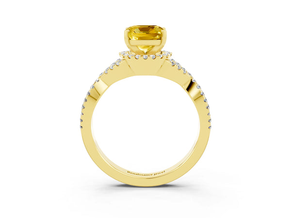Yellow gold Cushion Cut Yellow Sapphire  Halo Twist Band Solitaire Prong Setting Ring